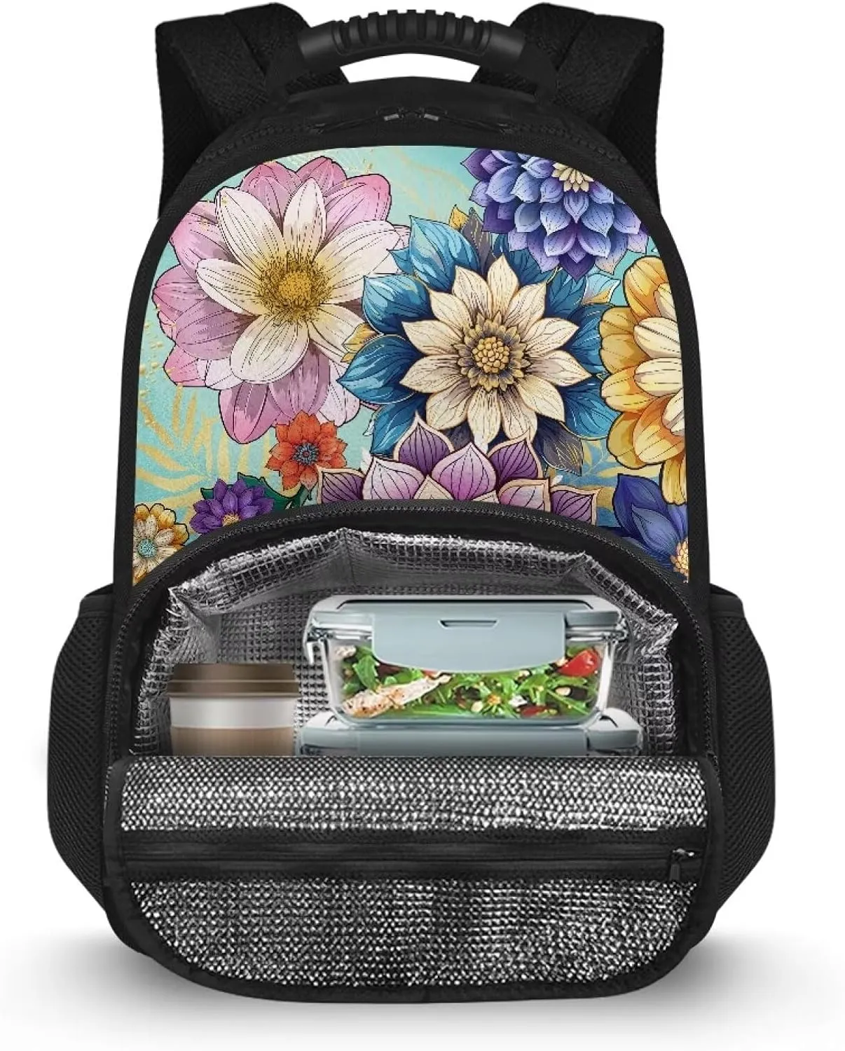 Boho Flower Backpack With Lunch Box for Women Lunch Backpack Insulated Lunch Bag Work Backpack With Cooler Compartment Laptop Backpacks 17inch Bookbag Daypack Beach Picnic Camping Gifts