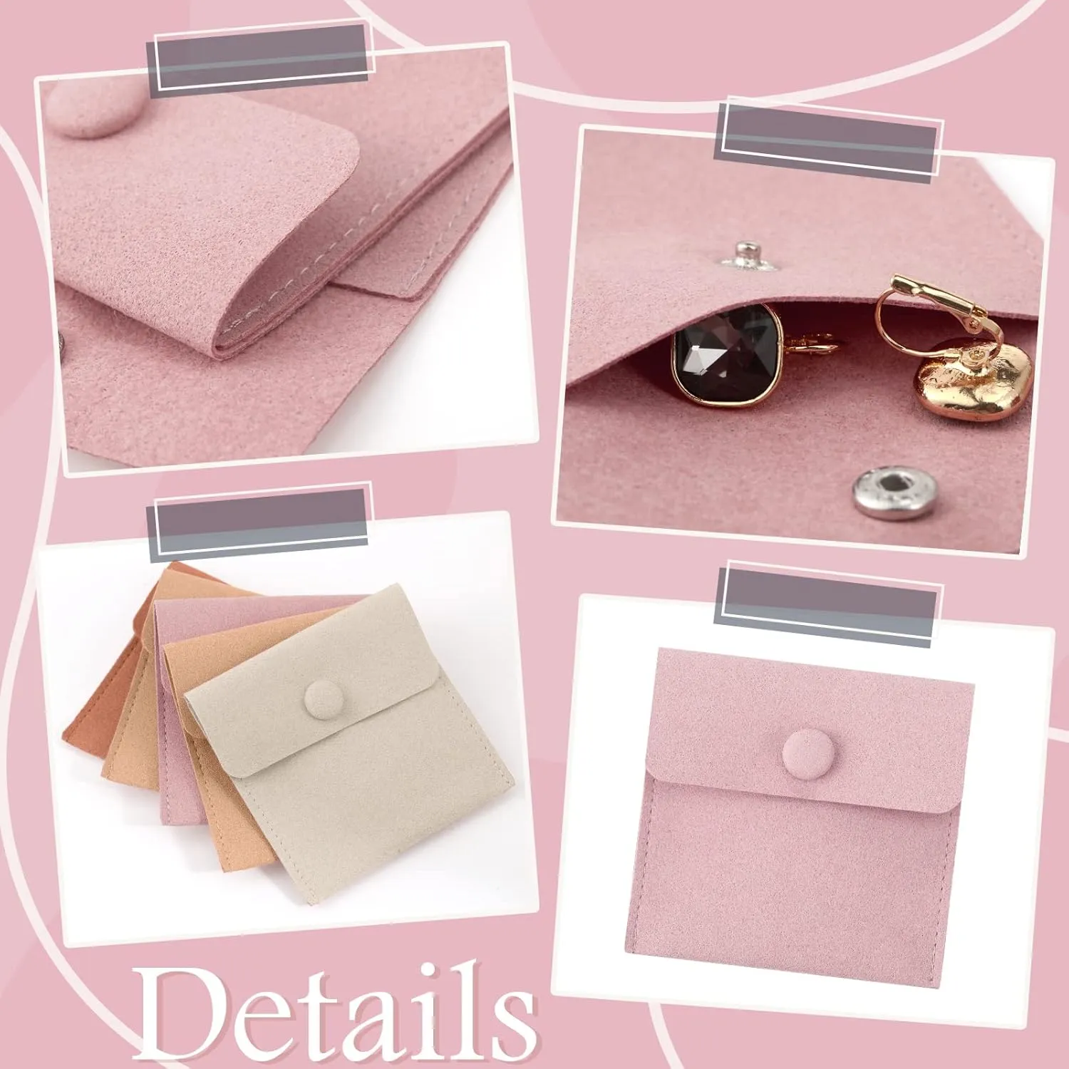 Bonuci Microfiber Jewelry Pouch 8x8cm, Jewelry Packaging Bag Luxury Small Gift Bags Package Snap Button with Divider Microfiber Bag for Bracelet Necklace Packaging