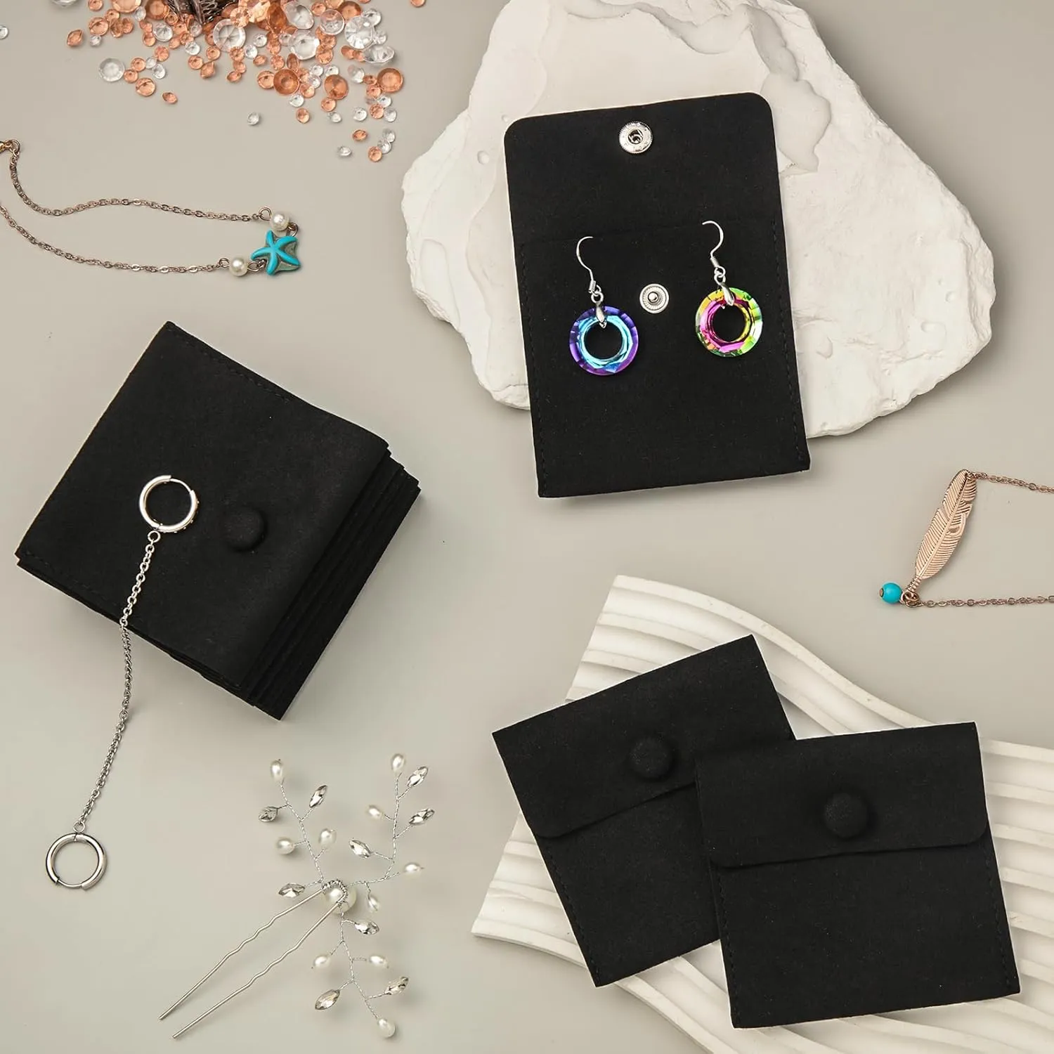 Bonuci Microfiber Jewelry Pouch 8x8cm, Jewelry Packaging Bag Luxury Small Gift Bags Package Snap Button with Divider Microfiber Bag for Bracelet Necklace Packaging