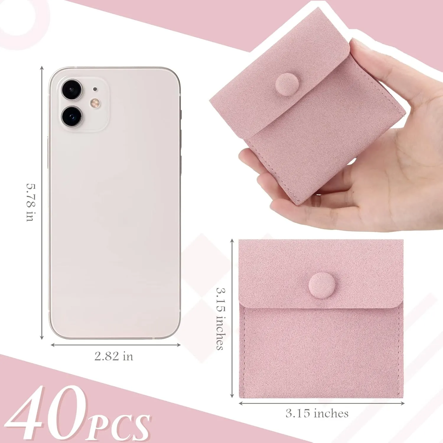 Bonuci Microfiber Jewelry Pouch 8x8cm, Jewelry Packaging Bag Luxury Small Gift Bags Package Snap Button with Divider Microfiber Bag for Bracelet Necklace Packaging