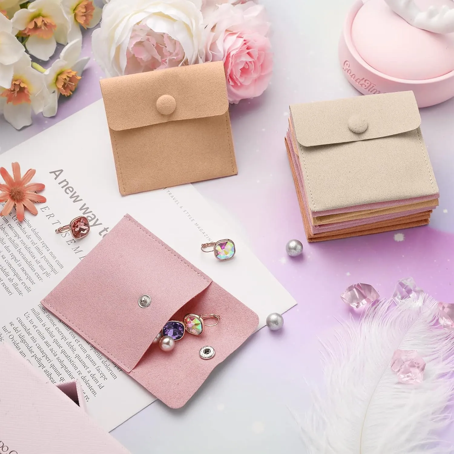 Bonuci Microfiber Jewelry Pouch 8x8cm, Jewelry Packaging Bag Luxury Small Gift Bags Package Snap Button with Divider Microfiber Bag for Bracelet Necklace Packaging