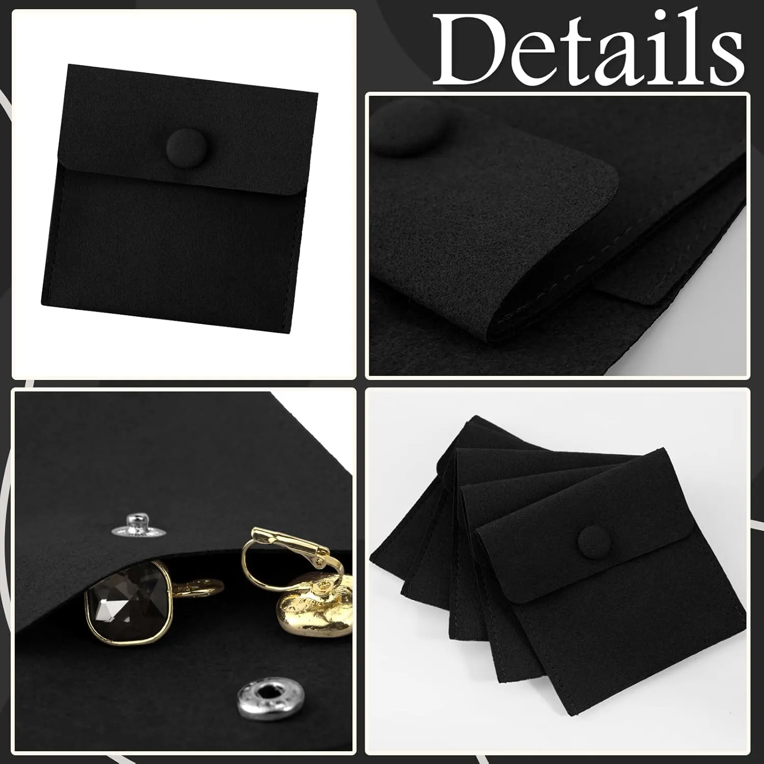 Bonuci Microfiber Jewelry Pouch 8x8cm, Jewelry Packaging Bag Luxury Small Gift Bags Package Snap Button with Divider Microfiber Bag for Bracelet Necklace Packaging