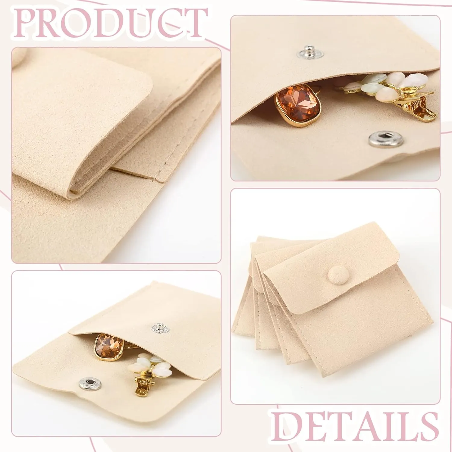 Bonuci Microfiber Jewelry Pouch 8x8cm, Jewelry Packaging Bag Luxury Small Gift Bags Package Snap Button with Divider Microfiber Bag for Bracelet Necklace Packaging