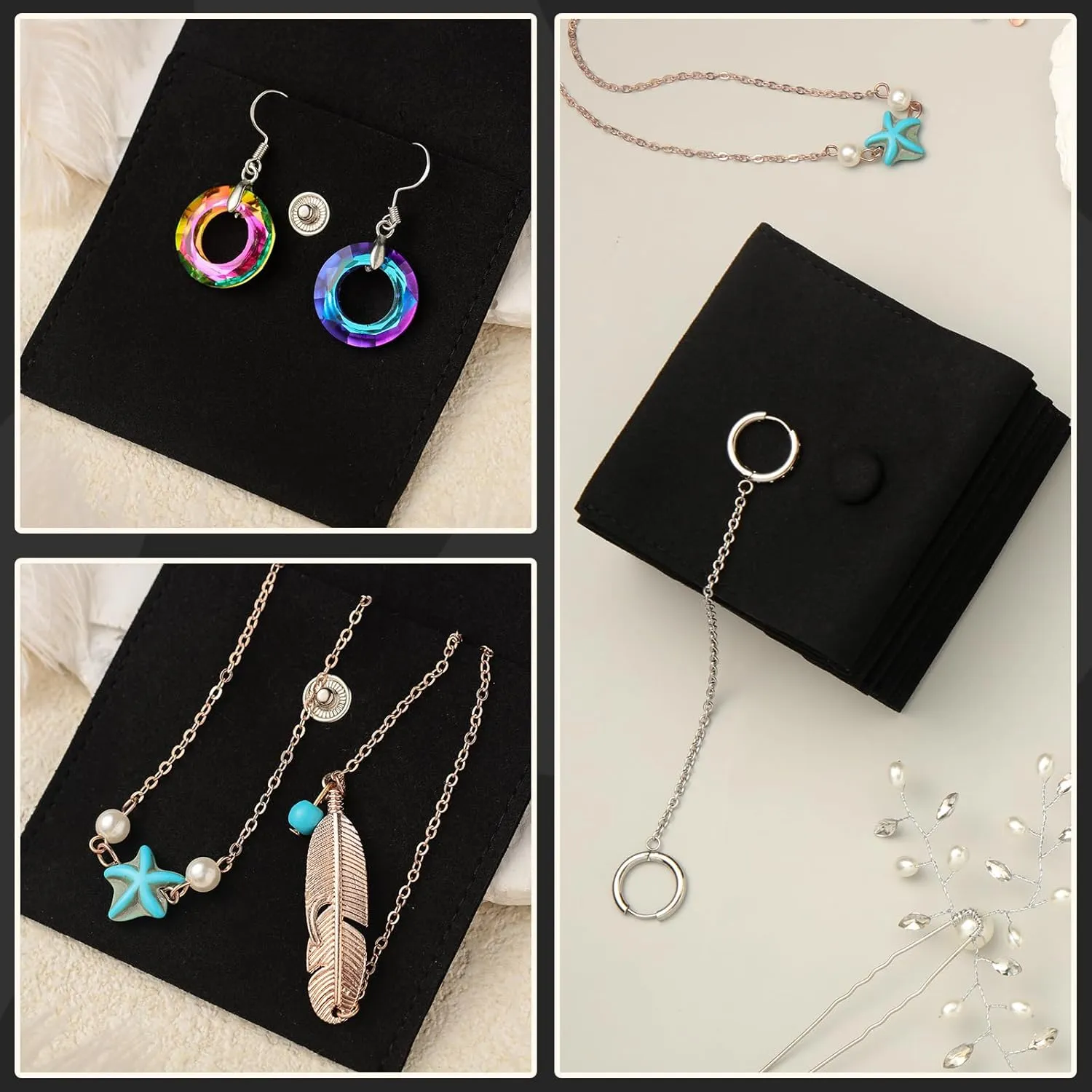 Bonuci Microfiber Jewelry Pouch 8x8cm, Jewelry Packaging Bag Luxury Small Gift Bags Package Snap Button with Divider Microfiber Bag for Bracelet Necklace Packaging