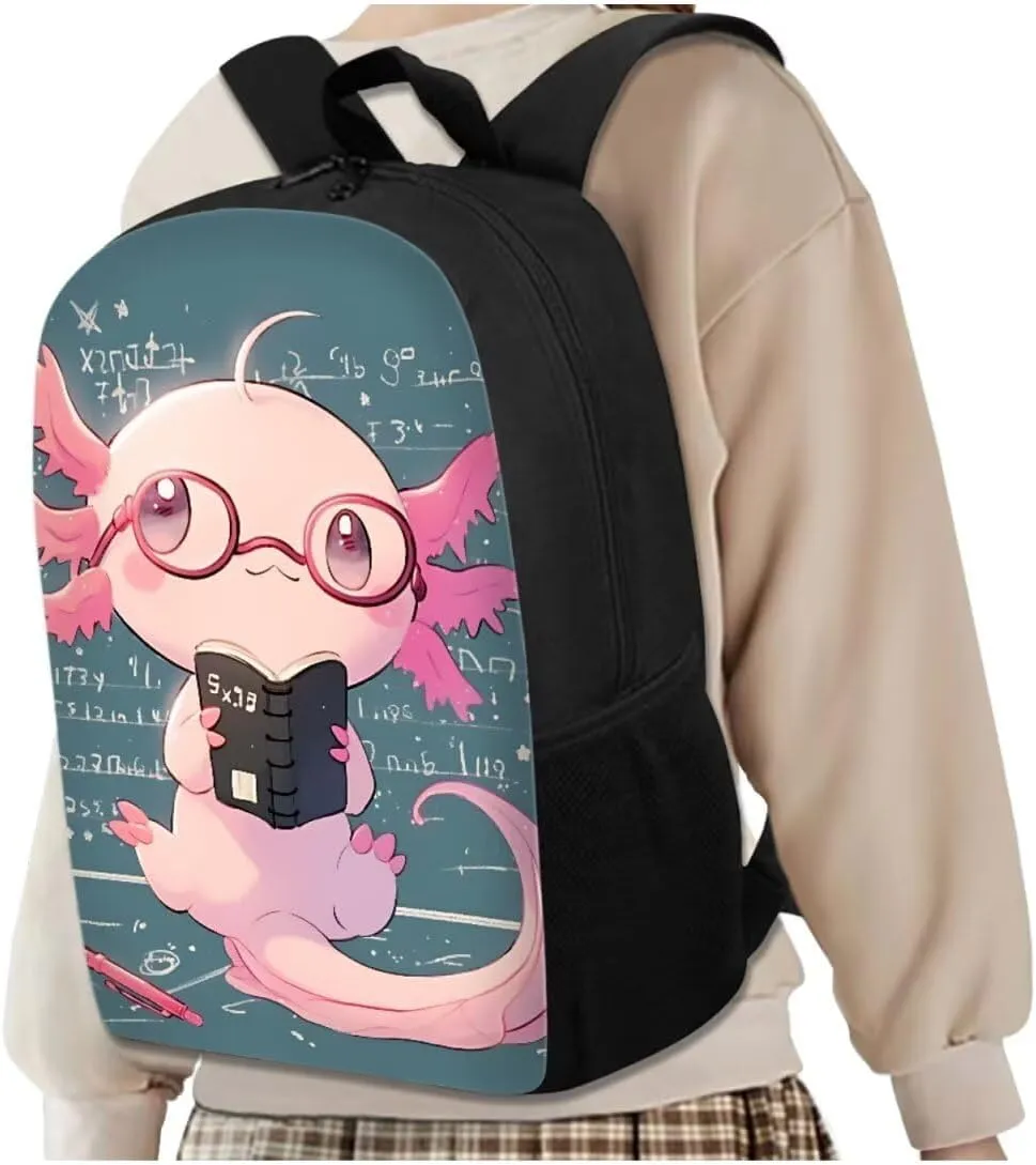Book Axolotl Cute Bookbags for Girls Backpack and Lunch Box Set 17 inch Back Packs for School Book Bags for Girls Hiking Travel Daypack Pencil Case Water Bottle Sleeve for Kids