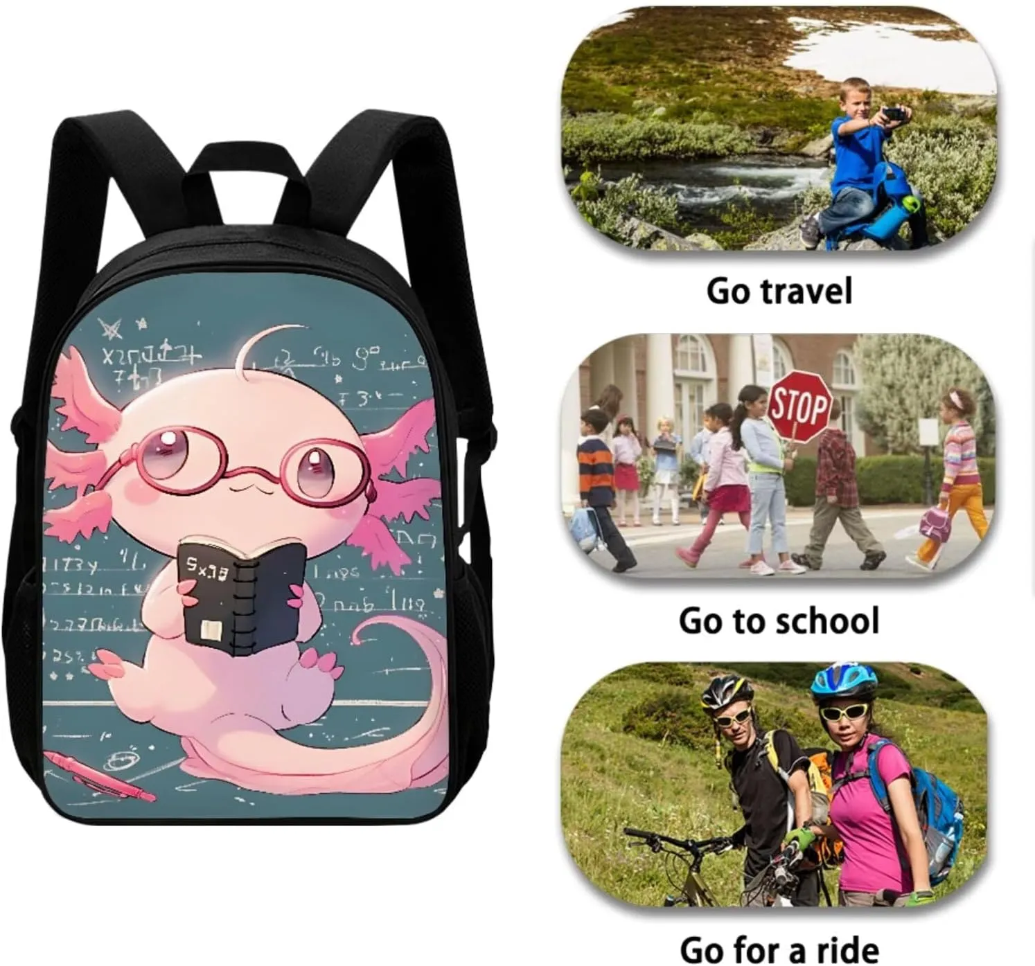 Book Axolotl Cute Bookbags for Girls Backpack and Lunch Box Set 17 inch Back Packs for School Book Bags for Girls Hiking Travel Daypack Pencil Case Water Bottle Sleeve for Kids