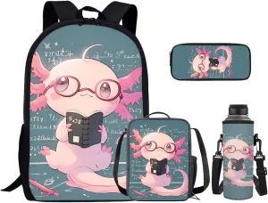 Book Axolotl Cute Bookbags for Girls Backpack and Lunch Box Set 17 inch Back Packs for School Book Bags for Girls Hiking Travel Daypack Pencil Case Water Bottle Sleeve for Kids