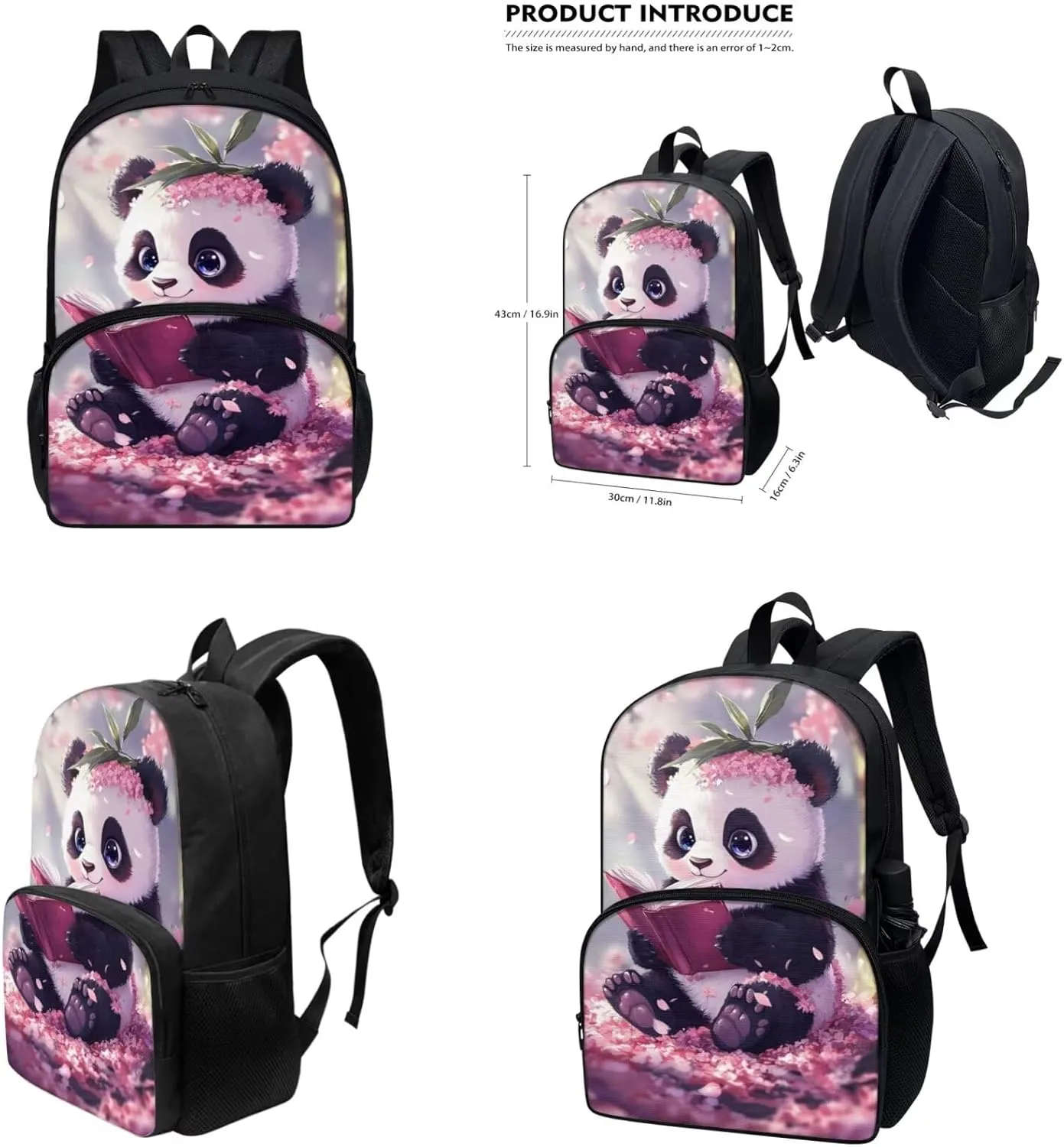 Book Panda Cute Backpacks for Girls Bookbags 4 Piece Kids School Backpack for Teens Girls with Lunch Box Pencil Case Bottle Sleeve 17 Inch Large Capacity School Bags for Elementary