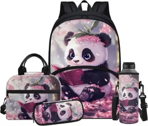 Book Panda Cute Backpacks for Girls Bookbags 4 Piece Kids School Backpack for Teens Girls with Lunch Box Pencil Case Bottle Sleeve 17 Inch Large Capacity School Bags for Elementary
