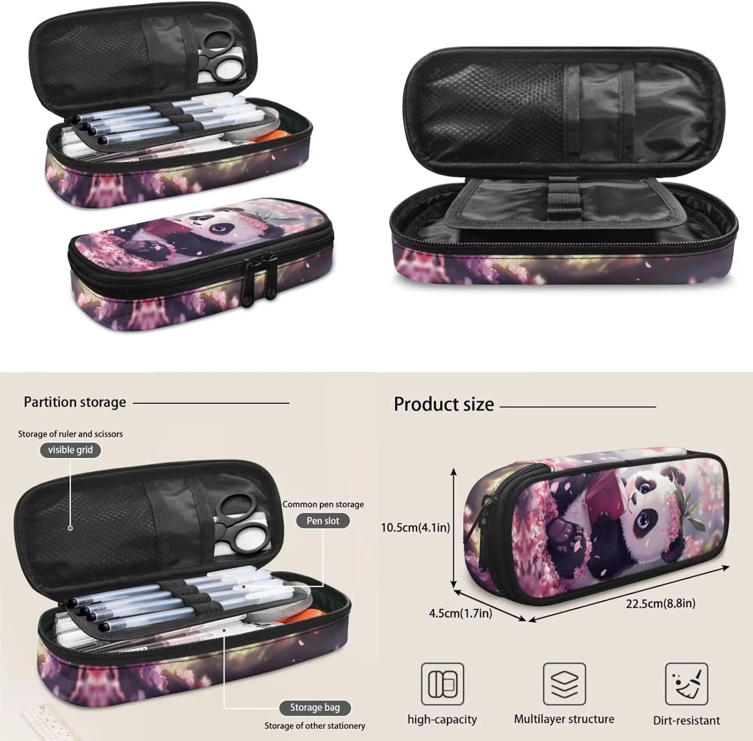 Book Panda Cute Backpacks for Girls Bookbags 4 Piece Kids School Backpack for Teens Girls with Lunch Box Pencil Case Bottle Sleeve 17 Inch Large Capacity School Bags for Elementary