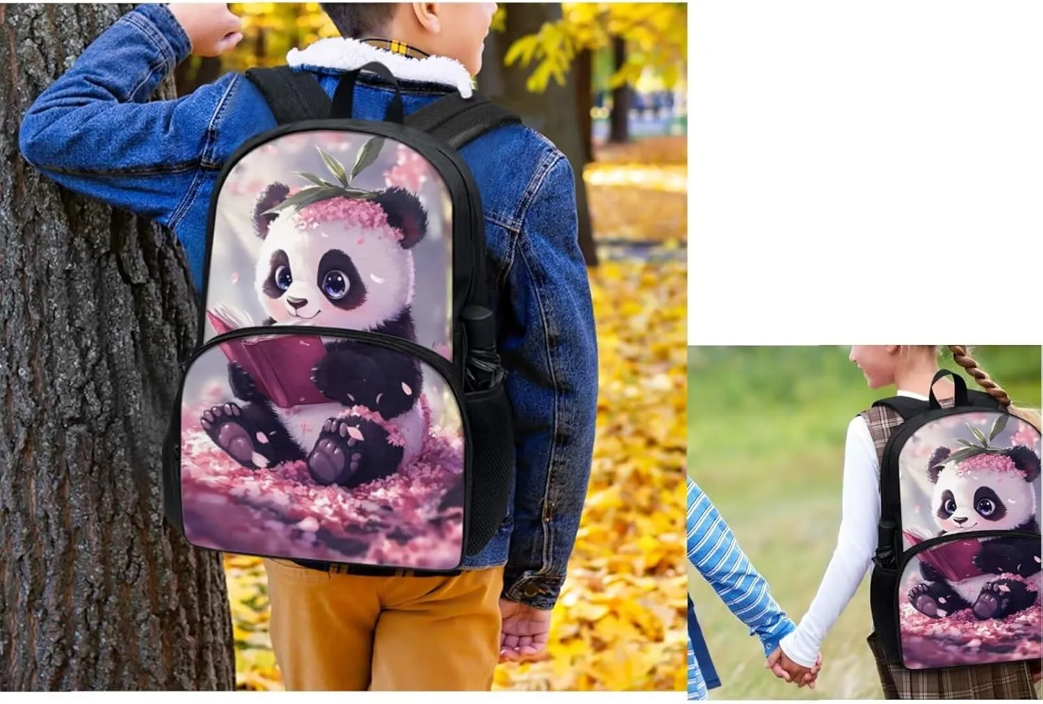 Book Panda Cute Backpacks for Girls Bookbags 4 Piece Kids School Backpack for Teens Girls with Lunch Box Pencil Case Bottle Sleeve 17 Inch Large Capacity School Bags for Elementary