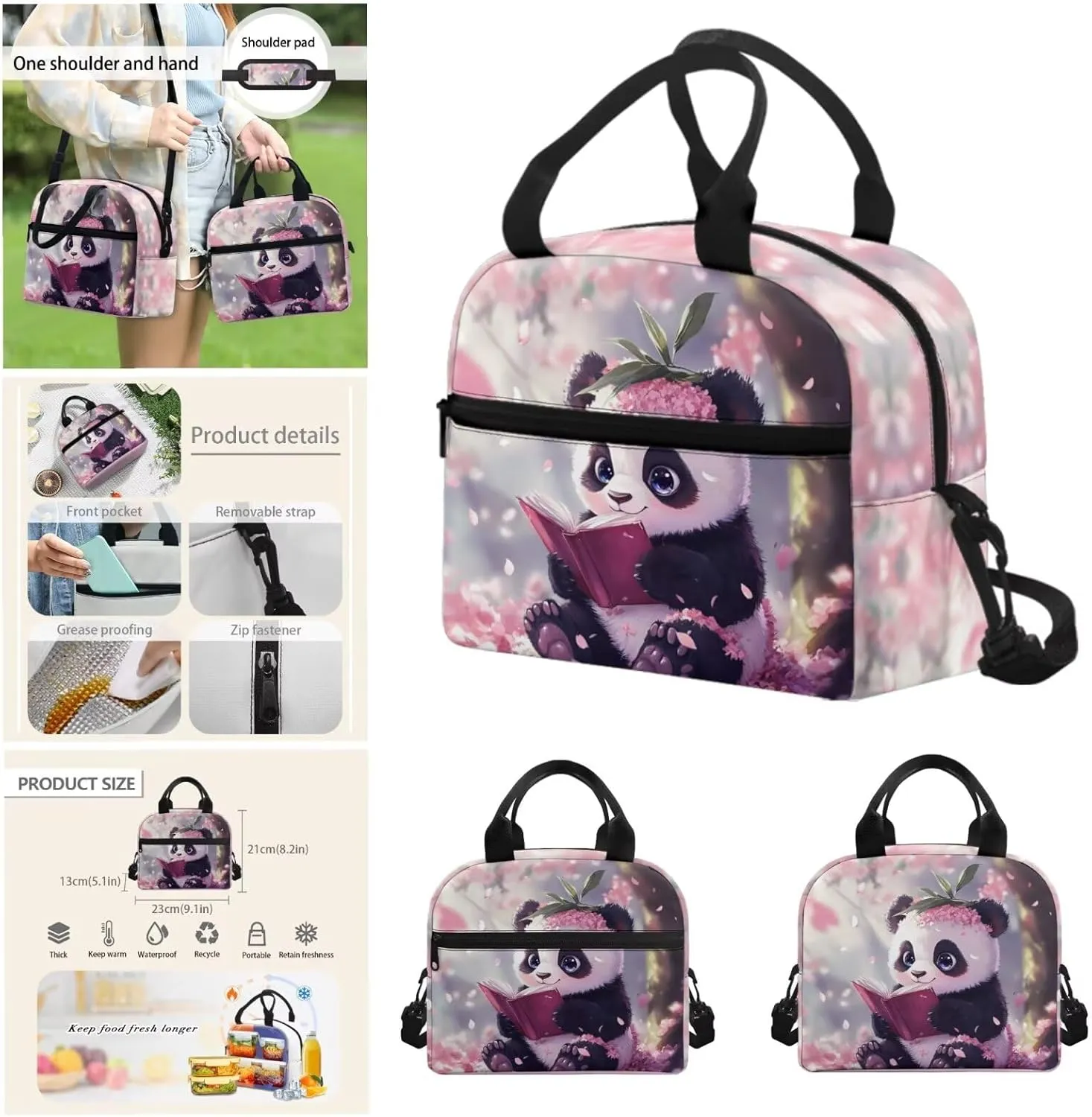 Book Panda Cute Backpacks for Girls Bookbags 4 Piece Kids School Backpack for Teens Girls with Lunch Box Pencil Case Bottle Sleeve 17 Inch Large Capacity School Bags for Elementary