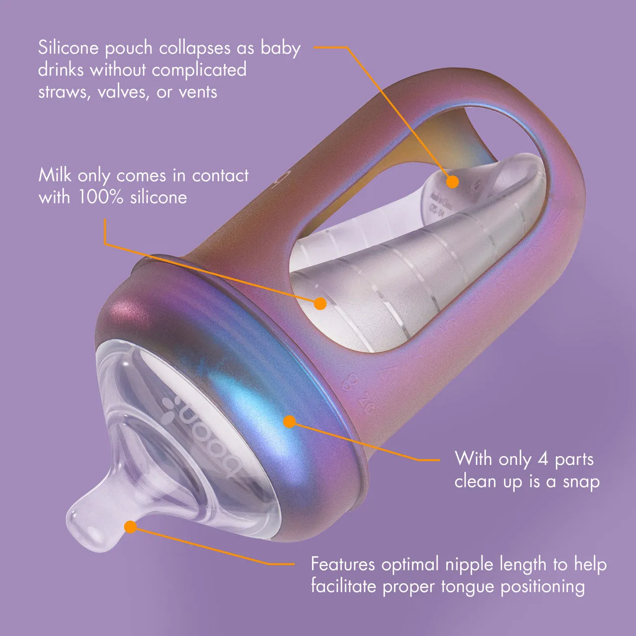 Boon NURSH Silicone Pouch Bottle 8oz (3-Pack) - Metallic