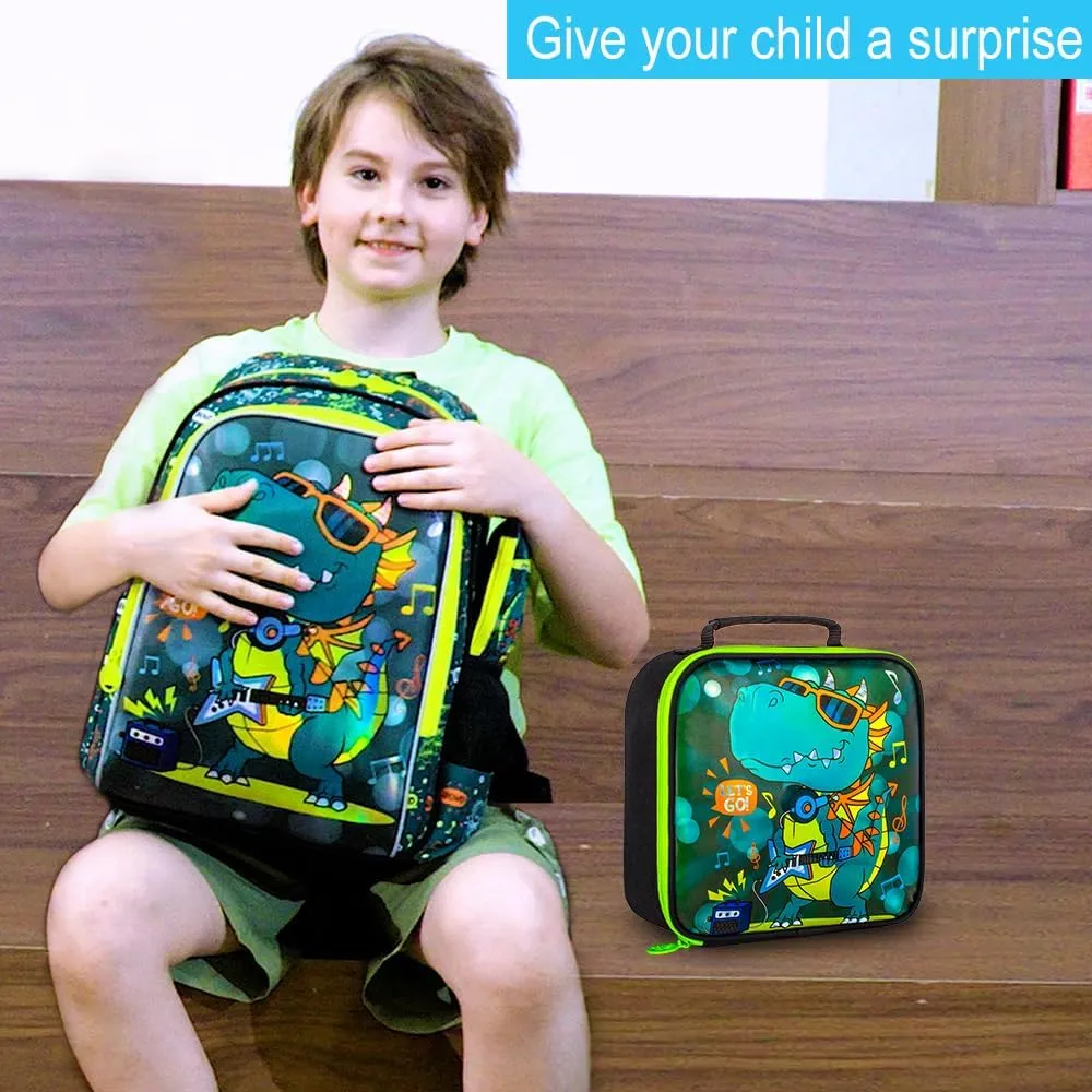 Boys Backpack, 16" Dinosaur Kids Bookbag with Lunch Box, 3Pcs Dino School Backpacks for Elementary Preschool Kindergarten (Green)