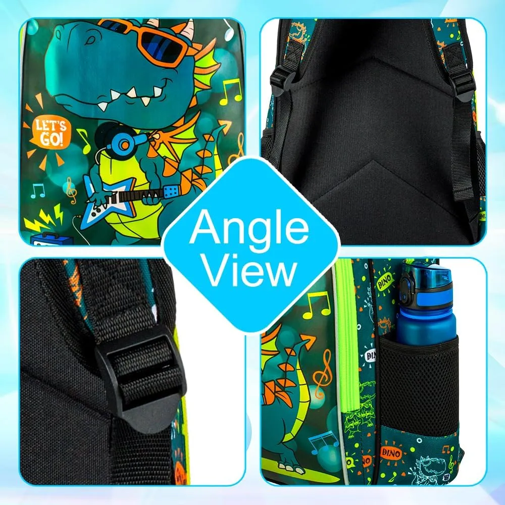 Boys Backpack, 16" Dinosaur Kids Bookbag with Lunch Box, 3Pcs Dino School Backpacks for Elementary Preschool Kindergarten (Green)
