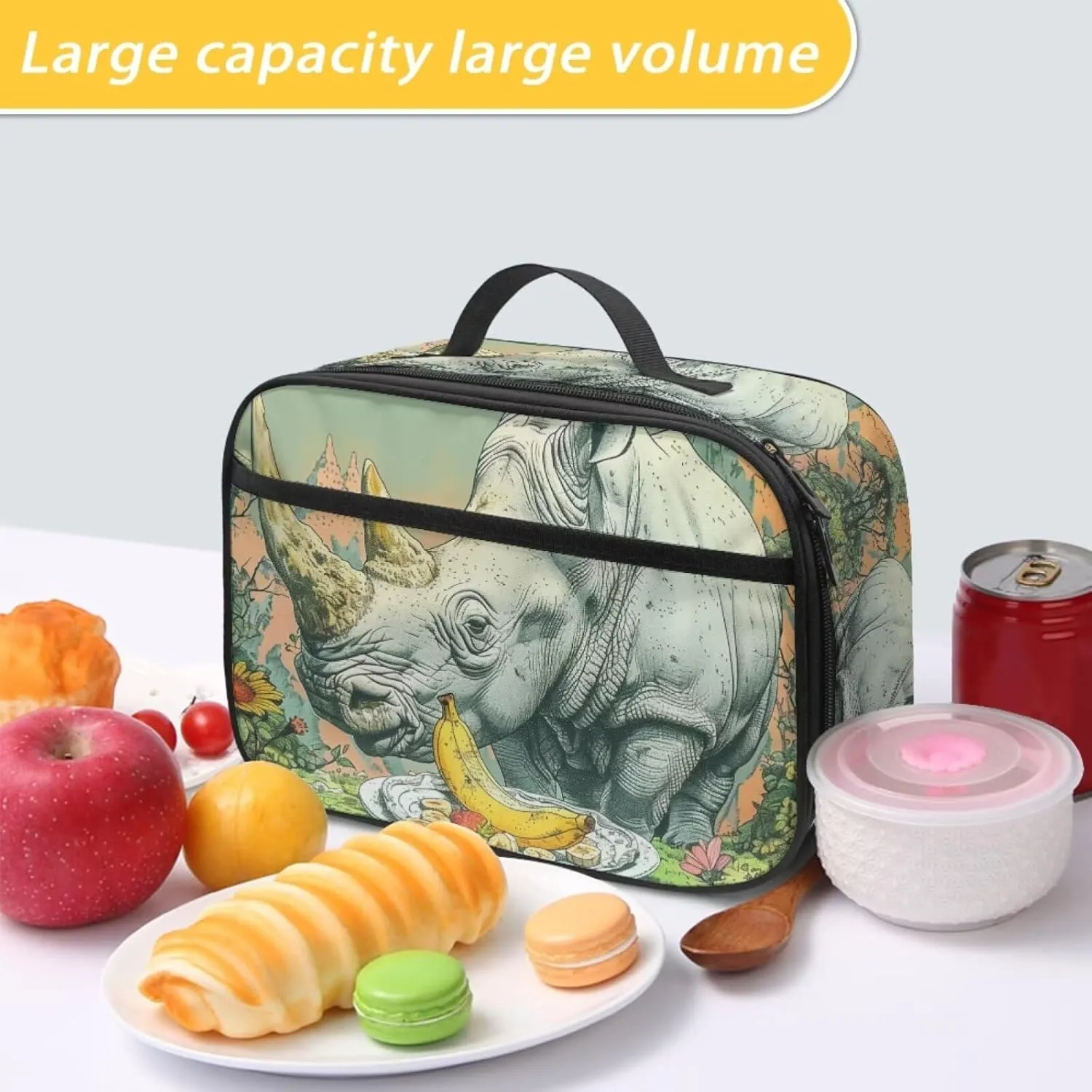 Boys Girls Fantastic Landscapes Banana Rhinoceros Lunch Bag for Kids Lightweight Insulated Lunchbox Back To School Lunch Box with Pocket Beach Travel Picnic Insulated Lunch Tote Grey