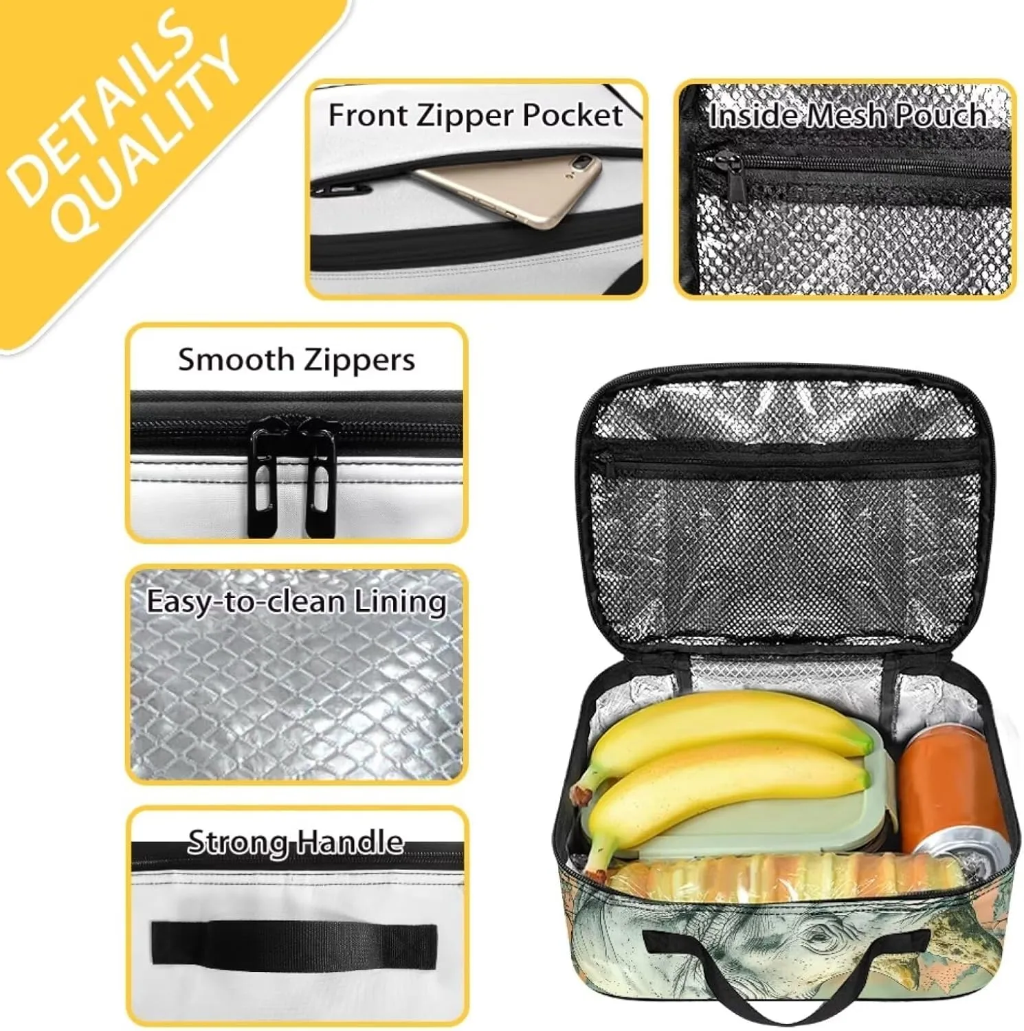 Boys Girls Fantastic Landscapes Banana Rhinoceros Lunch Bag for Kids Lightweight Insulated Lunchbox Back To School Lunch Box with Pocket Beach Travel Picnic Insulated Lunch Tote Grey