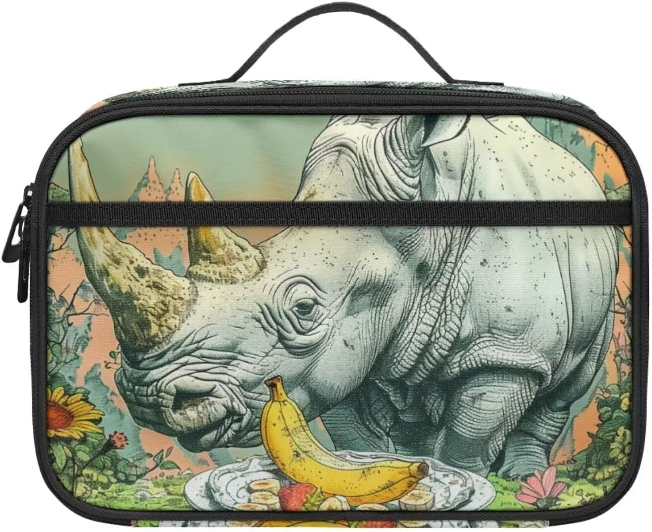 Boys Girls Fantastic Landscapes Banana Rhinoceros Lunch Bag for Kids Lightweight Insulated Lunchbox Back To School Lunch Box with Pocket Beach Travel Picnic Insulated Lunch Tote Grey