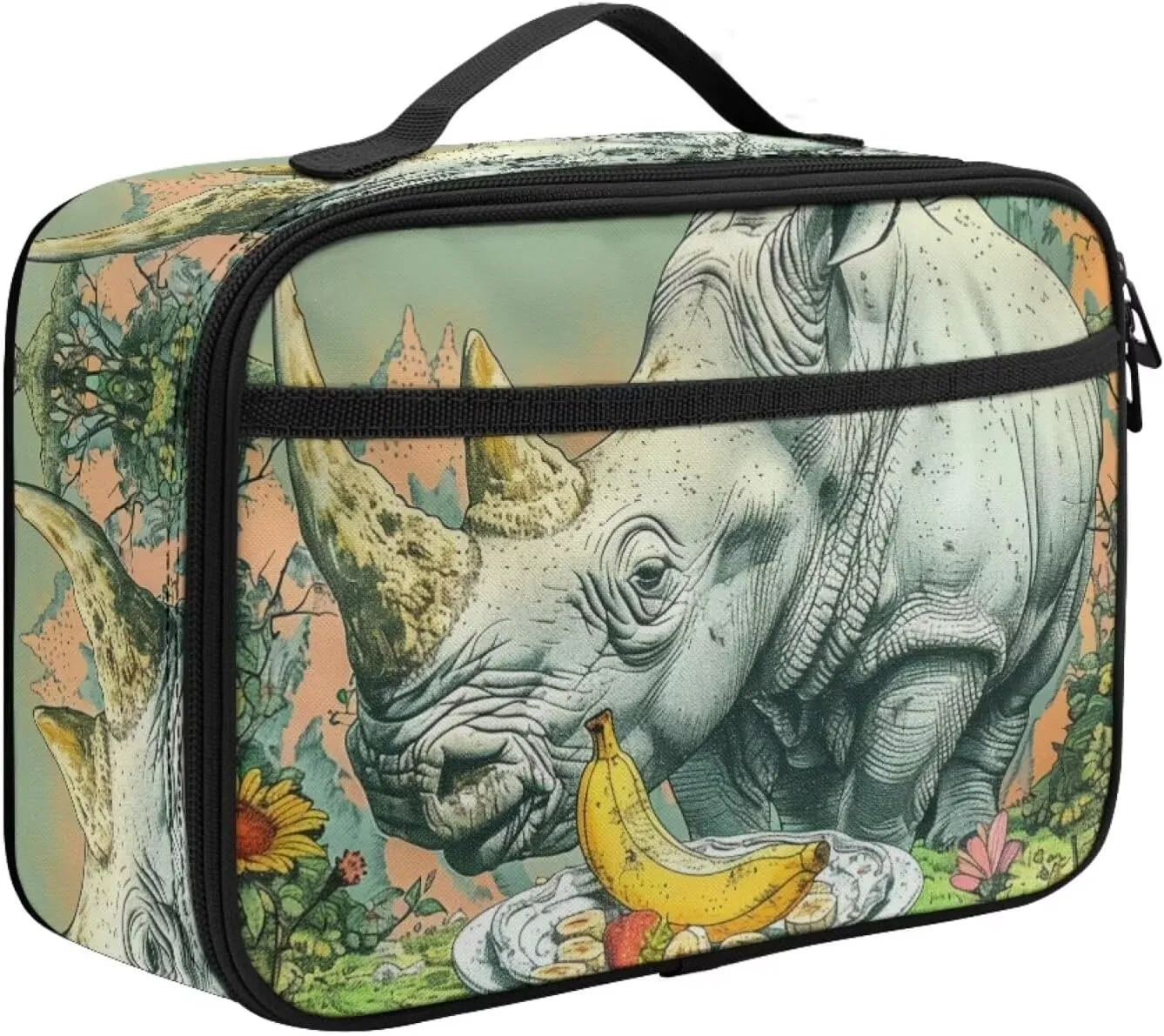 Boys Girls Fantastic Landscapes Banana Rhinoceros Lunch Bag for Kids Lightweight Insulated Lunchbox Back To School Lunch Box with Pocket Beach Travel Picnic Insulated Lunch Tote Grey