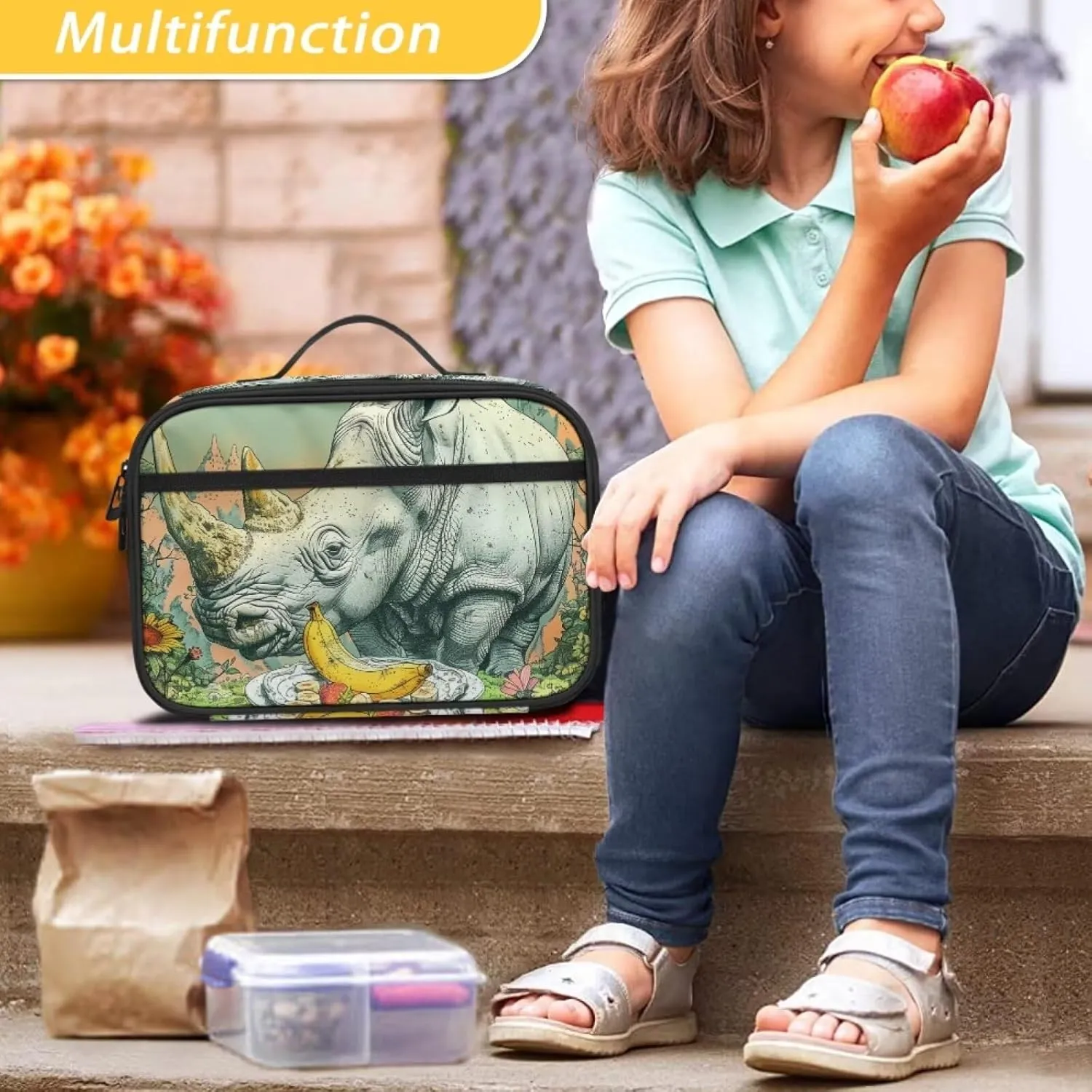Boys Girls Fantastic Landscapes Banana Rhinoceros Lunch Bag for Kids Lightweight Insulated Lunchbox Back To School Lunch Box with Pocket Beach Travel Picnic Insulated Lunch Tote Grey