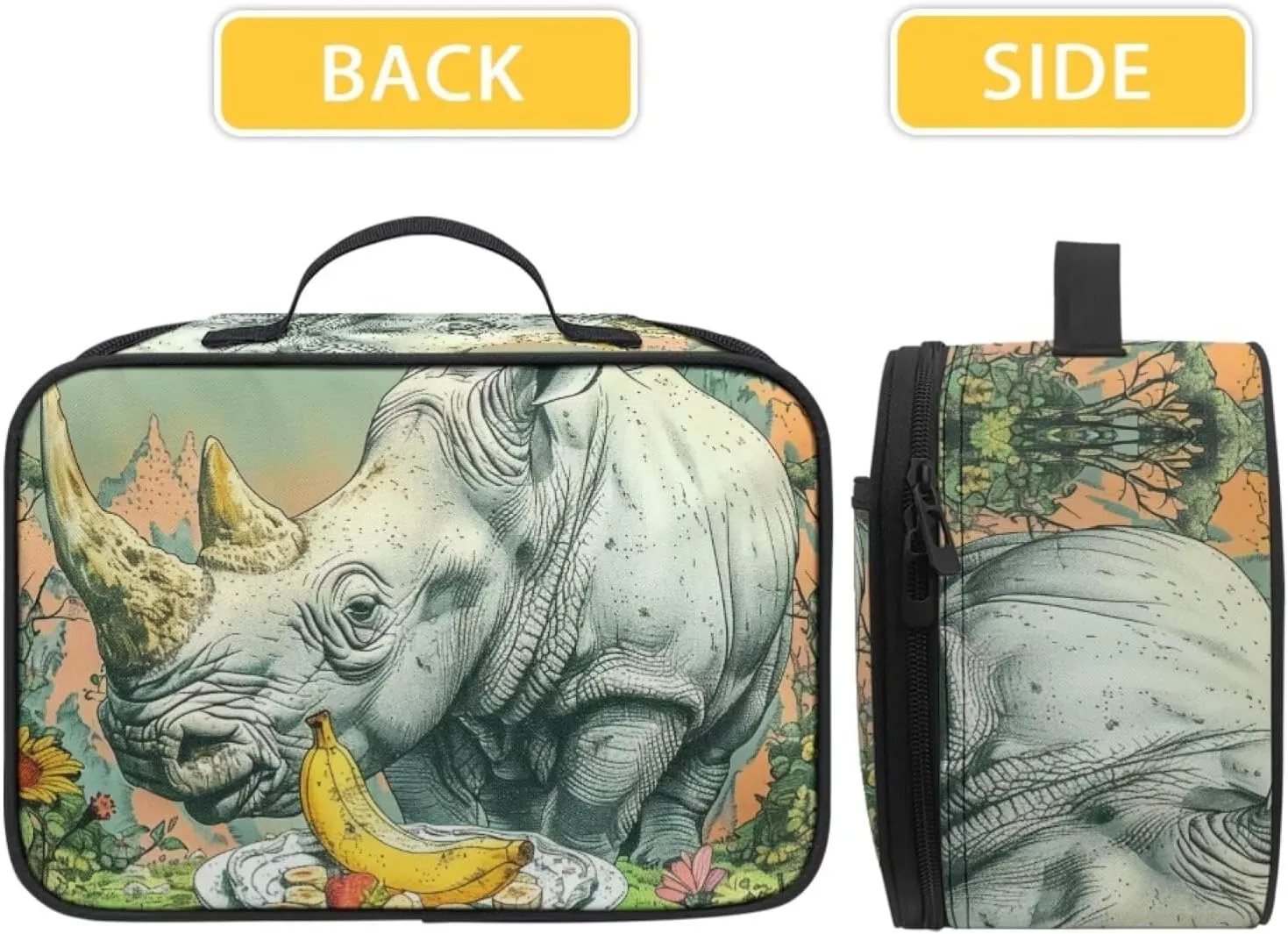 Boys Girls Fantastic Landscapes Banana Rhinoceros Lunch Bag for Kids Lightweight Insulated Lunchbox Back To School Lunch Box with Pocket Beach Travel Picnic Insulated Lunch Tote Grey
