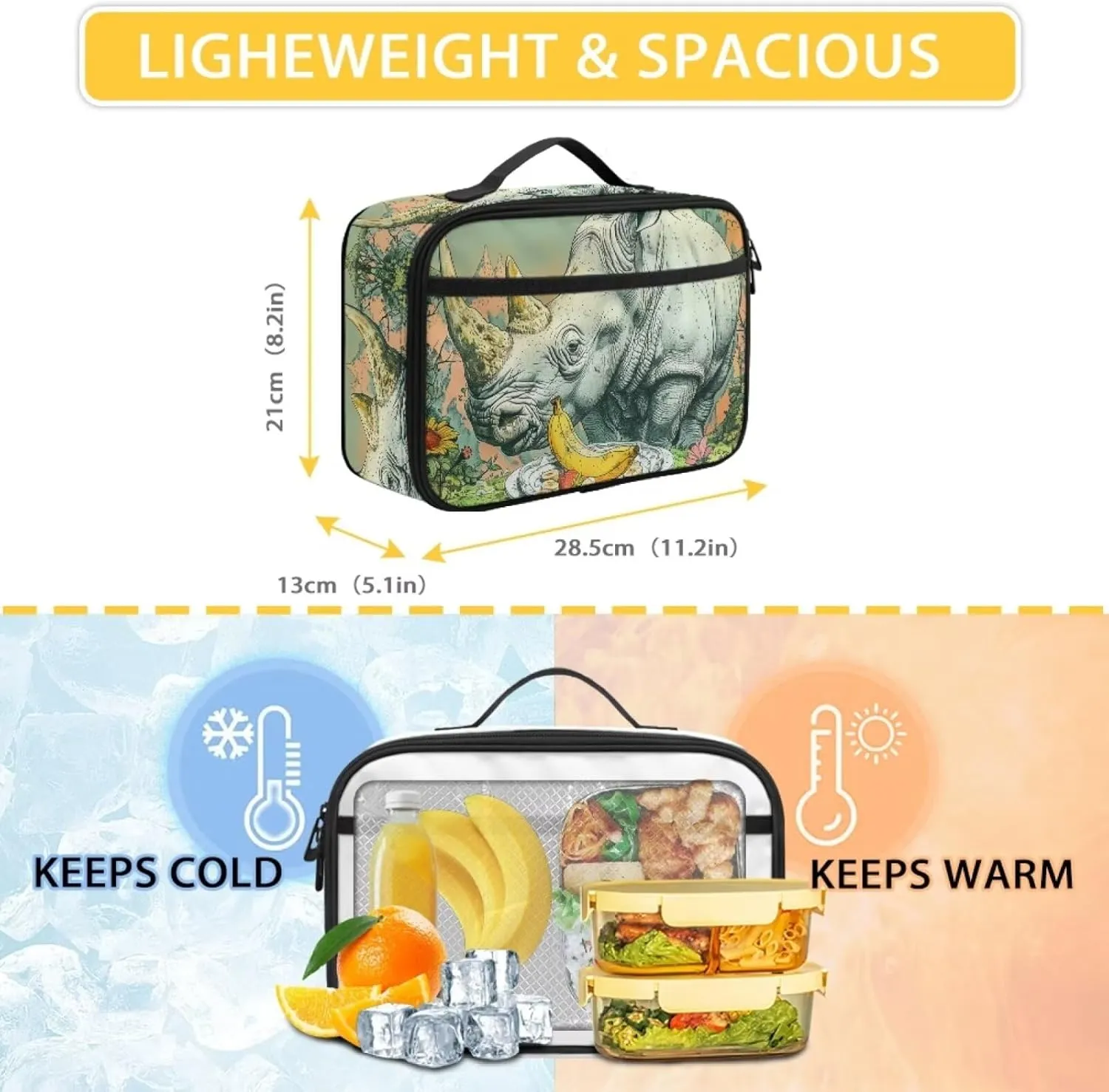 Boys Girls Fantastic Landscapes Banana Rhinoceros Lunch Bag for Kids Lightweight Insulated Lunchbox Back To School Lunch Box with Pocket Beach Travel Picnic Insulated Lunch Tote Grey