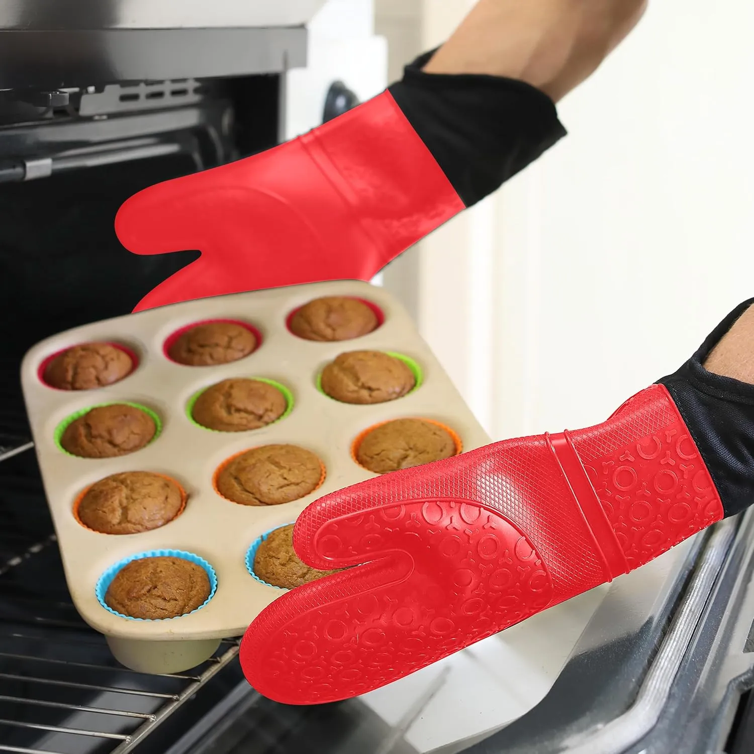 BPA-Free Soft Silicone Oven Mitts - Ultra Heat Resistant Oven Mitts with Thick Cotton Liner - Extra Long Slip Resistant Pot Holders, Flexible Oven Gloves - Red/Black 14.7"