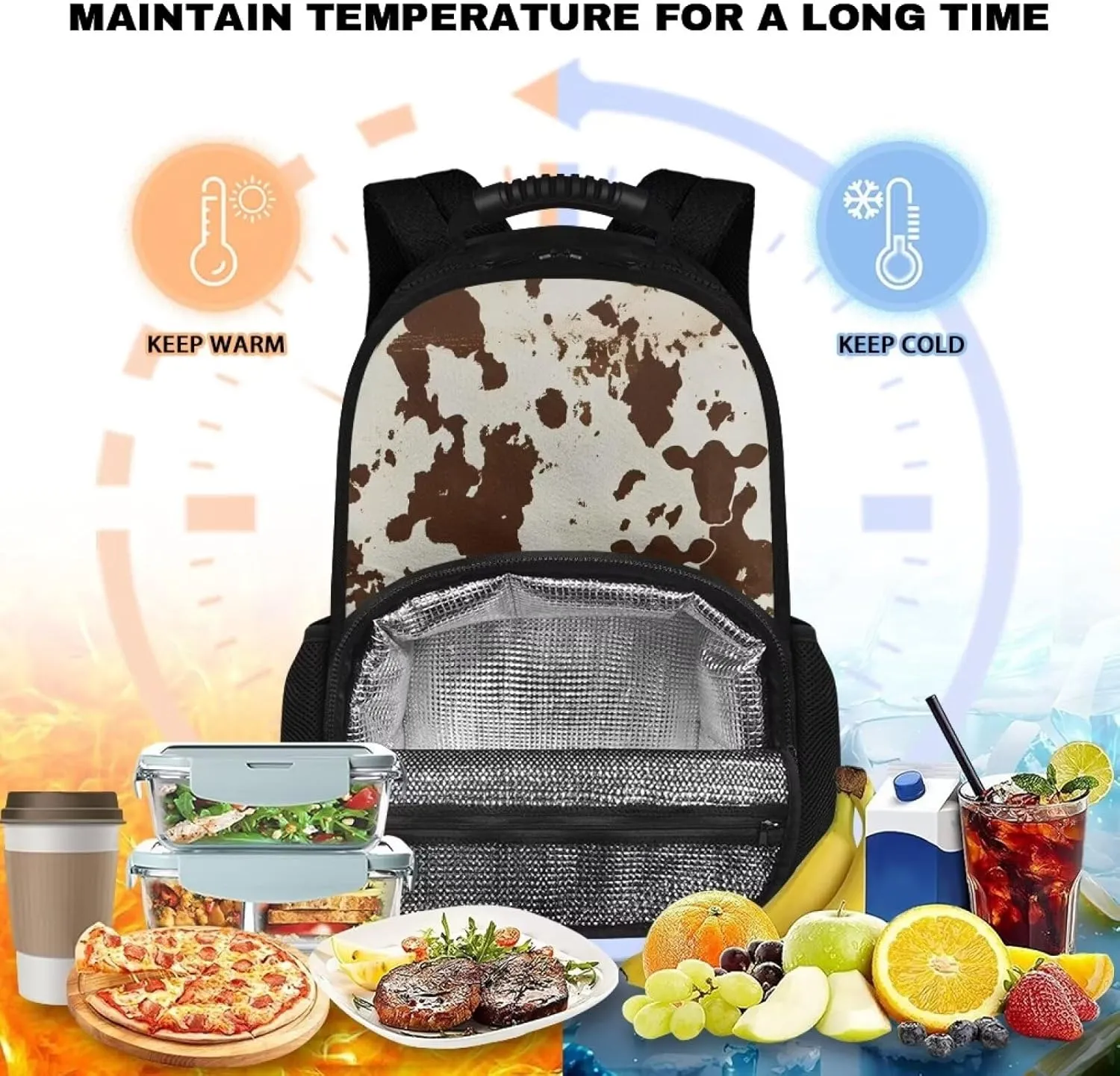 Brown Cow Print Lunch Backpack for Women Insulated Cooler Bag Lunch Box 17 Inch Travel Laptop Backpack camo College School Bookbags Cool Gifts for Teacher Nurses Work Picnic Gym Bags