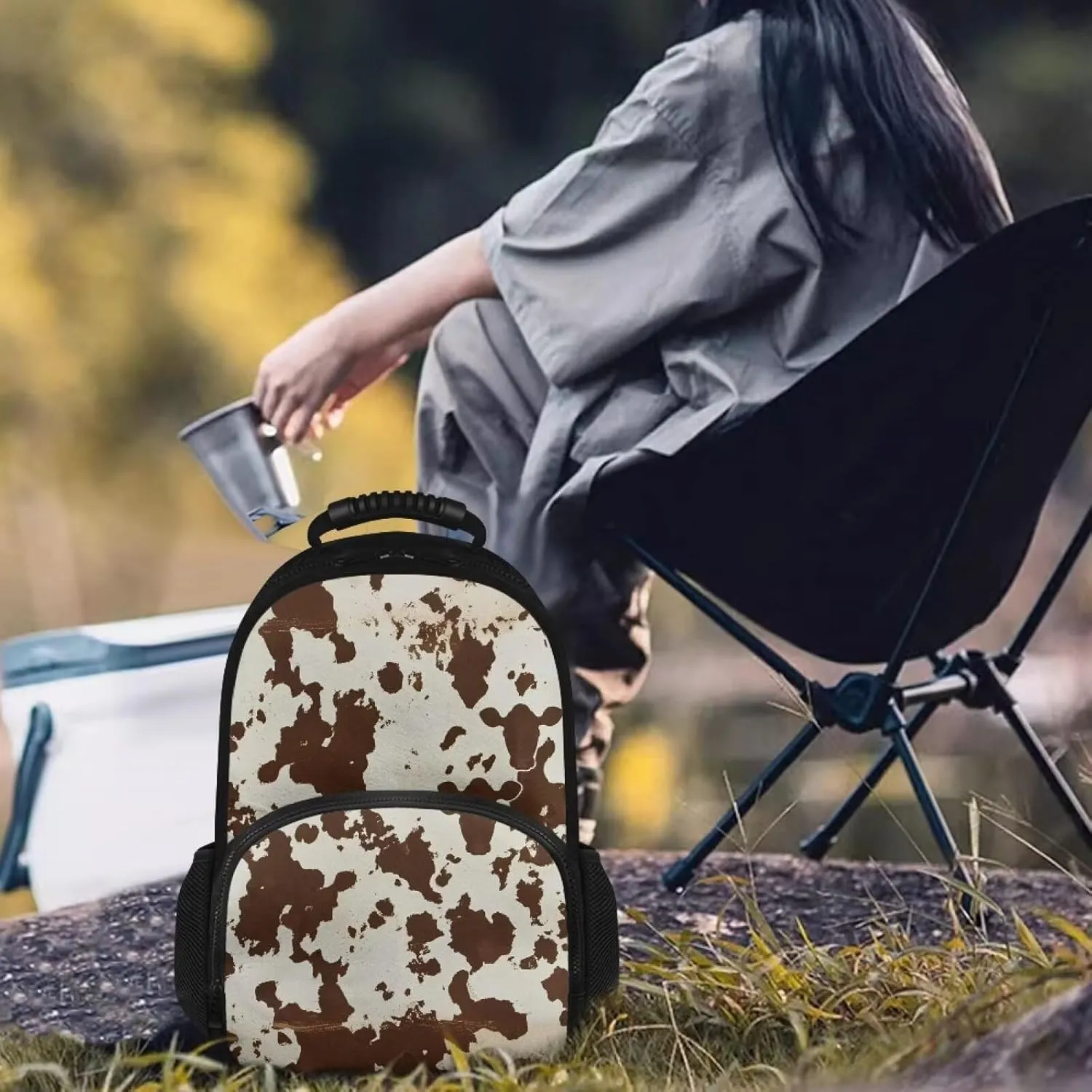 Brown Cow Print Lunch Backpack for Women Insulated Cooler Bag Lunch Box 17 Inch Travel Laptop Backpack camo College School Bookbags Cool Gifts for Teacher Nurses Work Picnic Gym Bags
