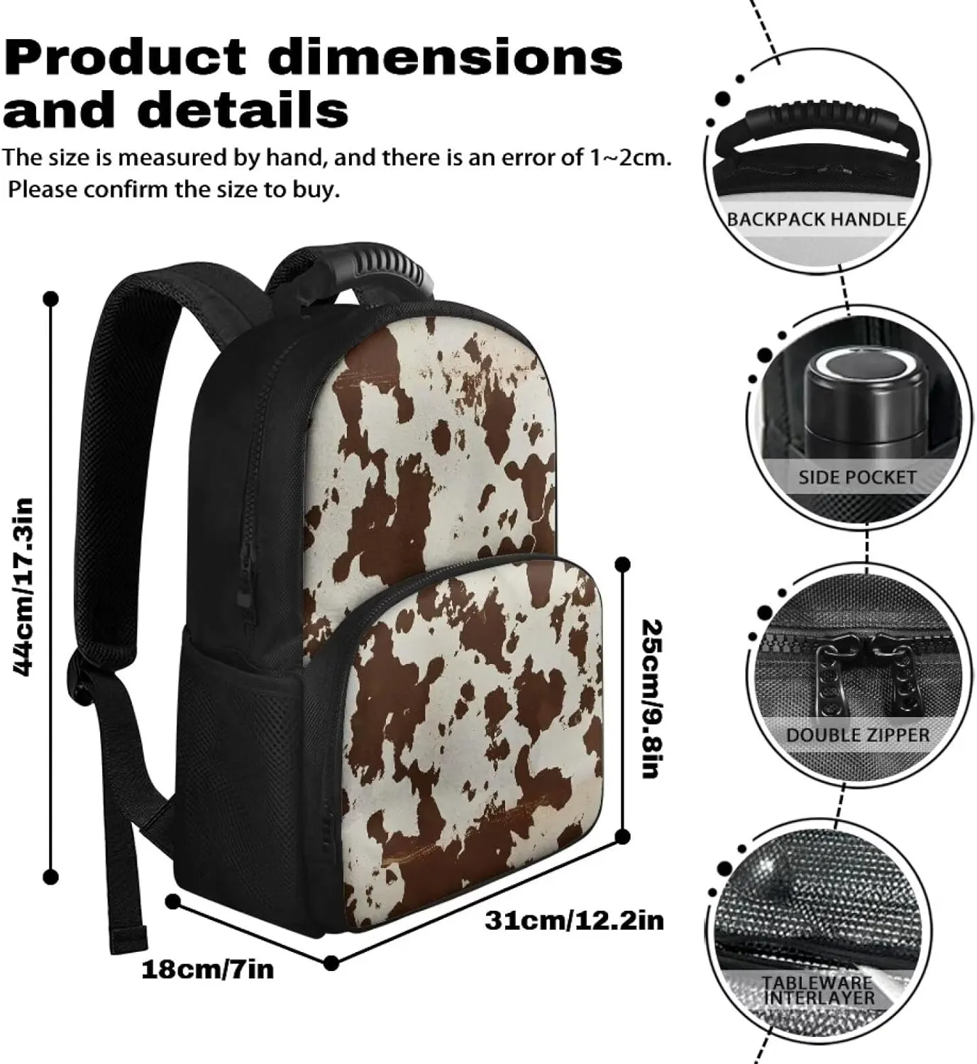 Brown Cow Print Lunch Backpack for Women Insulated Cooler Bag Lunch Box 17 Inch Travel Laptop Backpack camo College School Bookbags Cool Gifts for Teacher Nurses Work Picnic Gym Bags