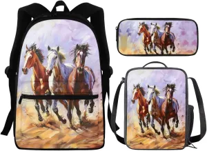 Brown Horse Backpack for Boys 8-10/10-12 High School Bookbags Kids School Bag With Lunch Box Pencil Case Middle School Backpacks for 3rd/4th/5th/6th Grade Girls Casual Daypack