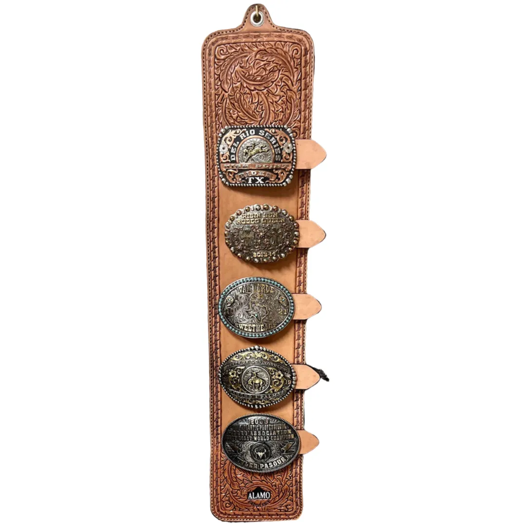 Buckle Holder in Golden leather w/ Cowboy feather tooling
