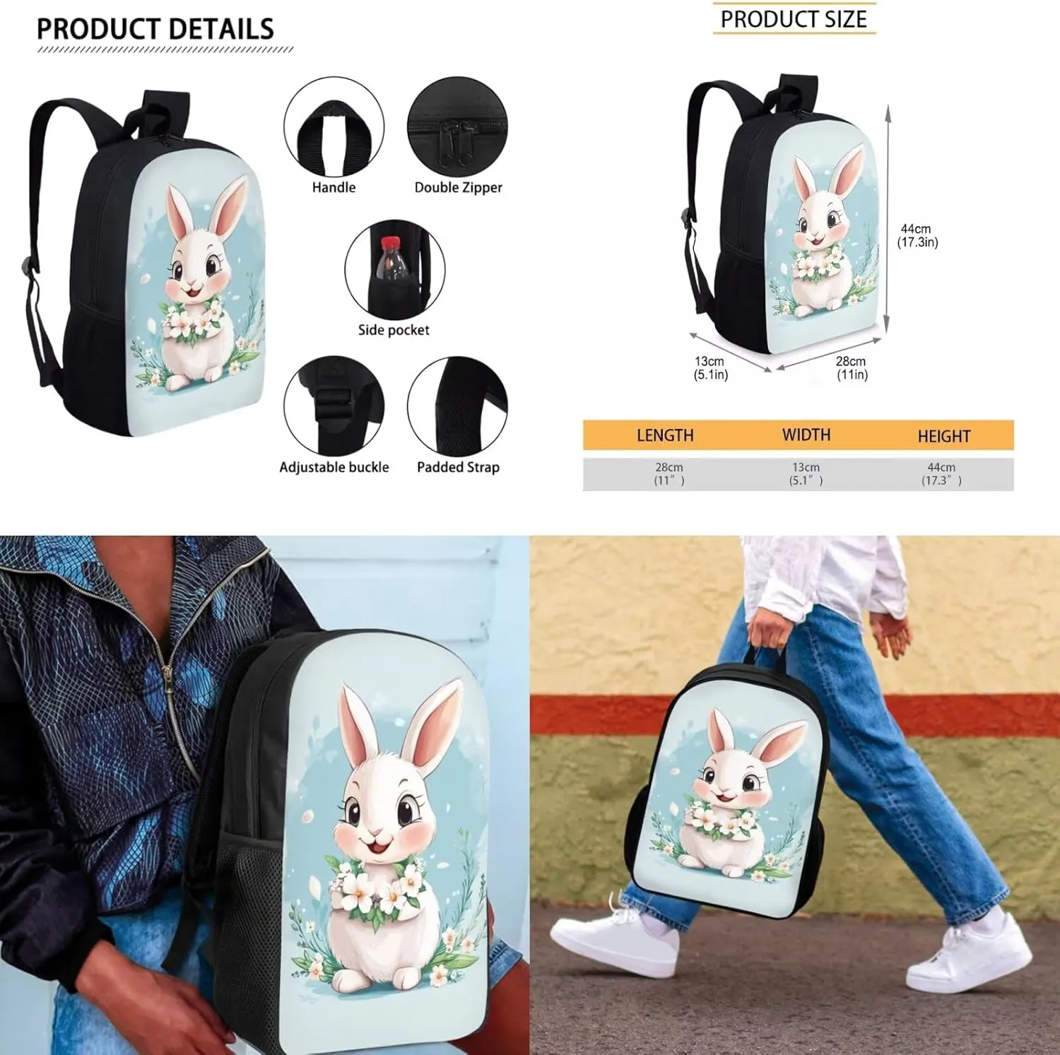 Bunny Backpack and Lunch Box for Girls School Backpacks Kawaii Elementary School Bags for Girls 7-10 Lightweight Kids Bookbags Casual Daypacks Rucksack for Holiday Party Playground