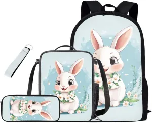 Bunny Backpack and Lunch Box for Girls School Backpacks Kawaii Elementary School Bags for Girls 7-10 Lightweight Kids Bookbags Casual Daypacks Rucksack for Holiday Party Playground