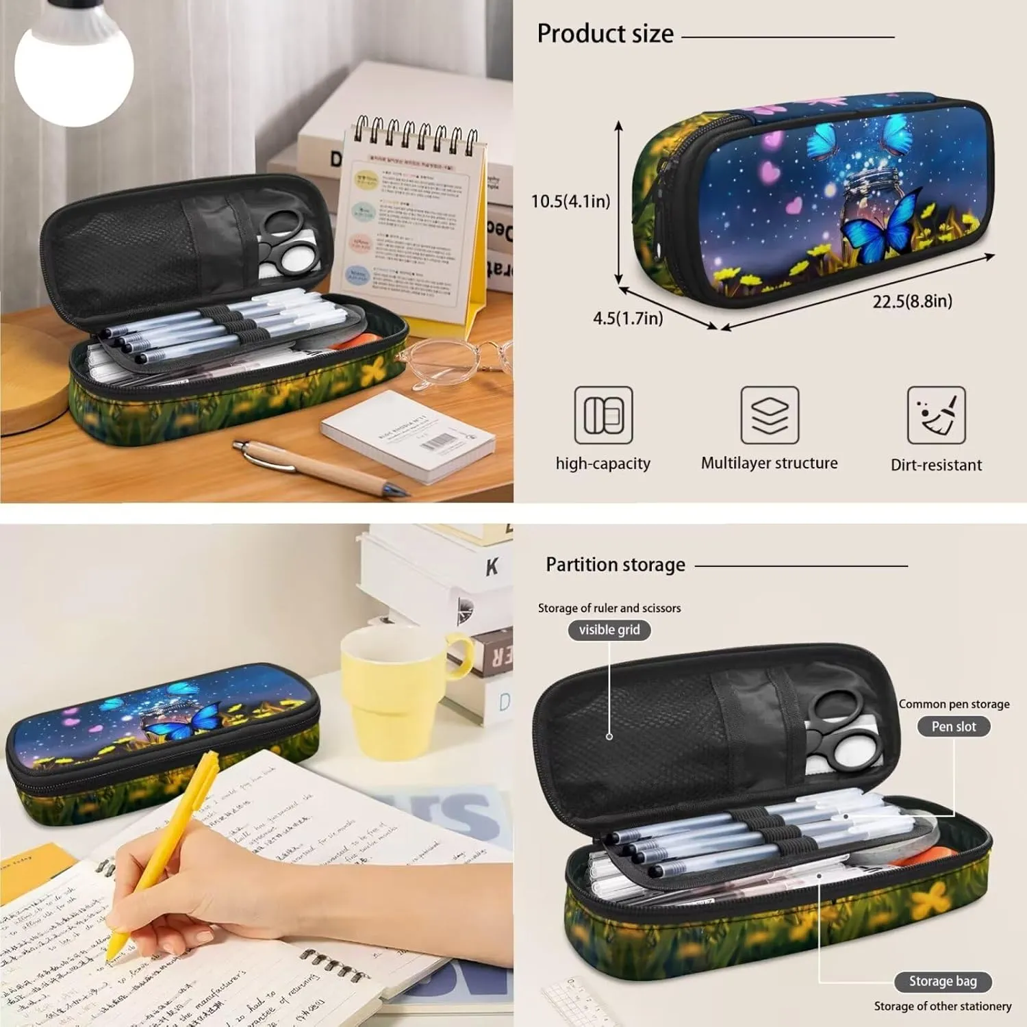 Butterfly Backpack for Girls Kids Backpack with Lunch Box and Soft Pencil Pouch 3 Pcs Set 15" Large Capacity Bookbag with Front Pocket for School Sturdy School Bag for Kindergarten Girl