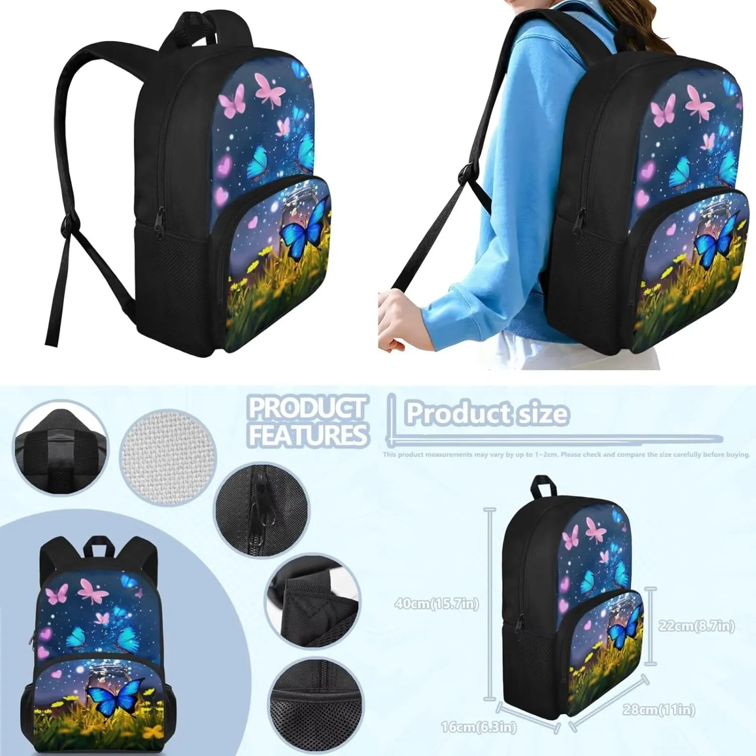 Butterfly Backpack for Girls Kids Backpack with Lunch Box and Soft Pencil Pouch 3 Pcs Set 15" Large Capacity Bookbag with Front Pocket for School Sturdy School Bag for Kindergarten Girl