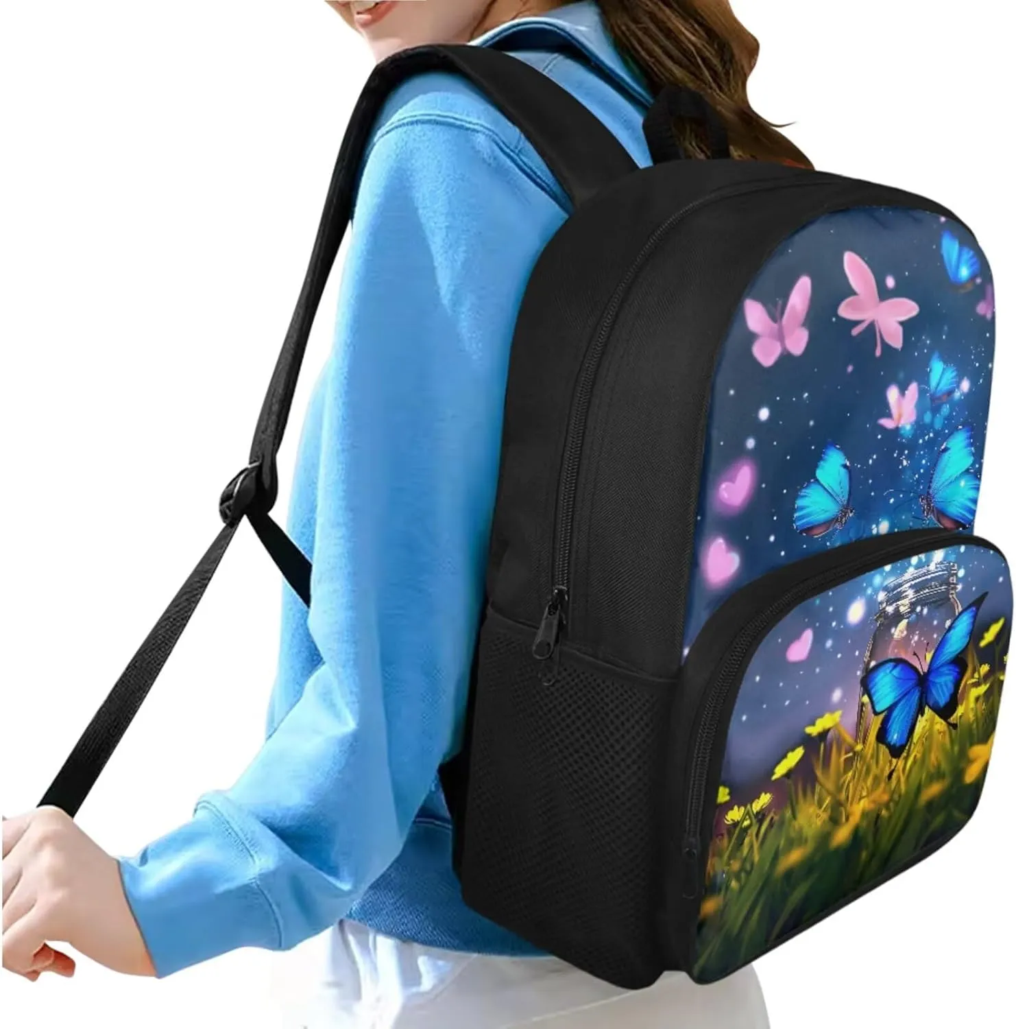 Butterfly Backpack for Girls Kids Backpack with Lunch Box and Soft Pencil Pouch 3 Pcs Set 15" Large Capacity Bookbag with Front Pocket for School Sturdy School Bag for Kindergarten Girl