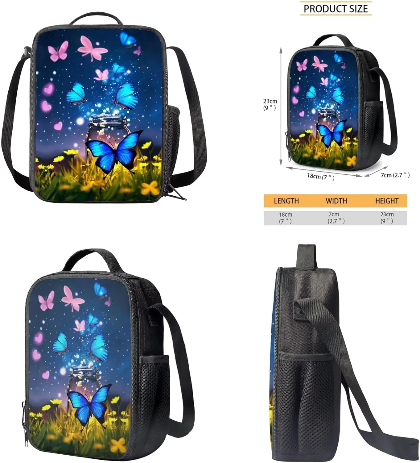 Butterfly Backpack for Girls Kids Backpack with Lunch Box and Soft Pencil Pouch 3 Pcs Set 15" Large Capacity Bookbag with Front Pocket for School Sturdy School Bag for Kindergarten Girl