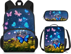 Butterfly Backpack for Girls Kids Backpack with Lunch Box and Soft Pencil Pouch 3 Pcs Set 15" Large Capacity Bookbag with Front Pocket for School Sturdy School Bag for Kindergarten Girl