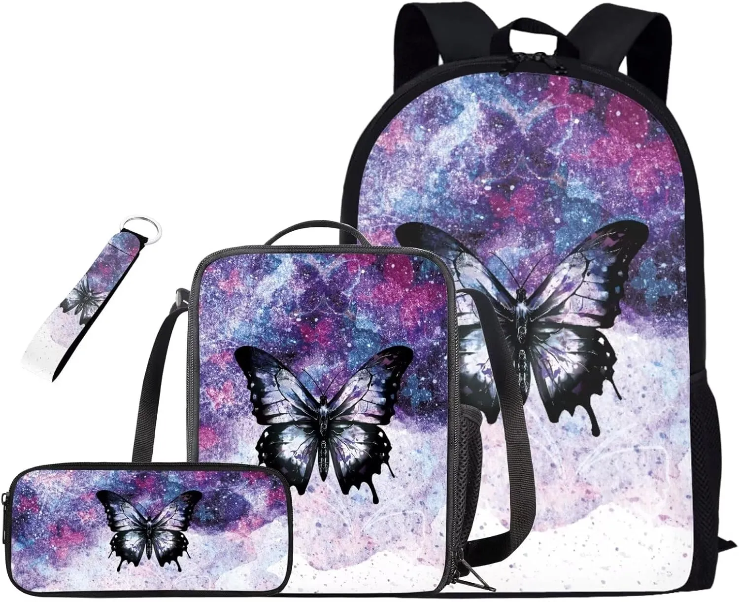 Butterfly Backpack for Girls with Lunch Box 4 Pcs Set Bookbags for 7th Grade Girls School Bag Large Capacity Elementary School Backpacks for Kids Shoulder Daypack for Churches