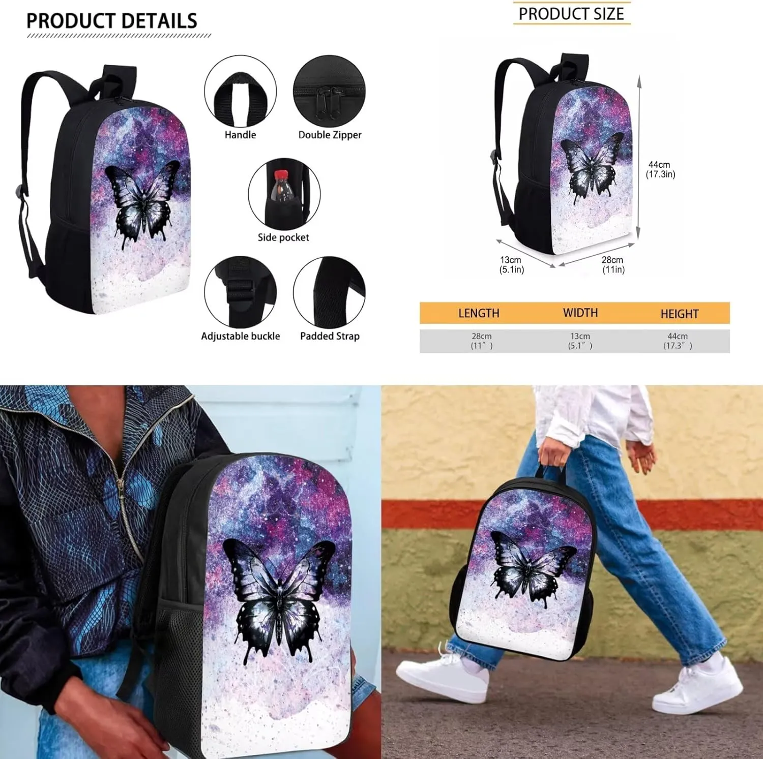 Butterfly Backpack for Girls with Lunch Box 4 Pcs Set Bookbags for 7th Grade Girls School Bag Large Capacity Elementary School Backpacks for Kids Shoulder Daypack for Churches