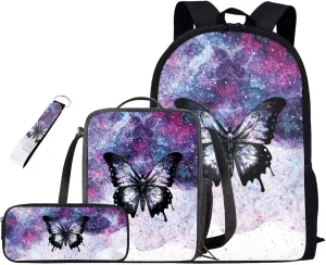 Butterfly Backpack for Girls with Lunch Box 4 Pcs Set Bookbags for 7th Grade Girls School Bag Large Capacity Elementary School Backpacks for Kids Shoulder Daypack for Churches