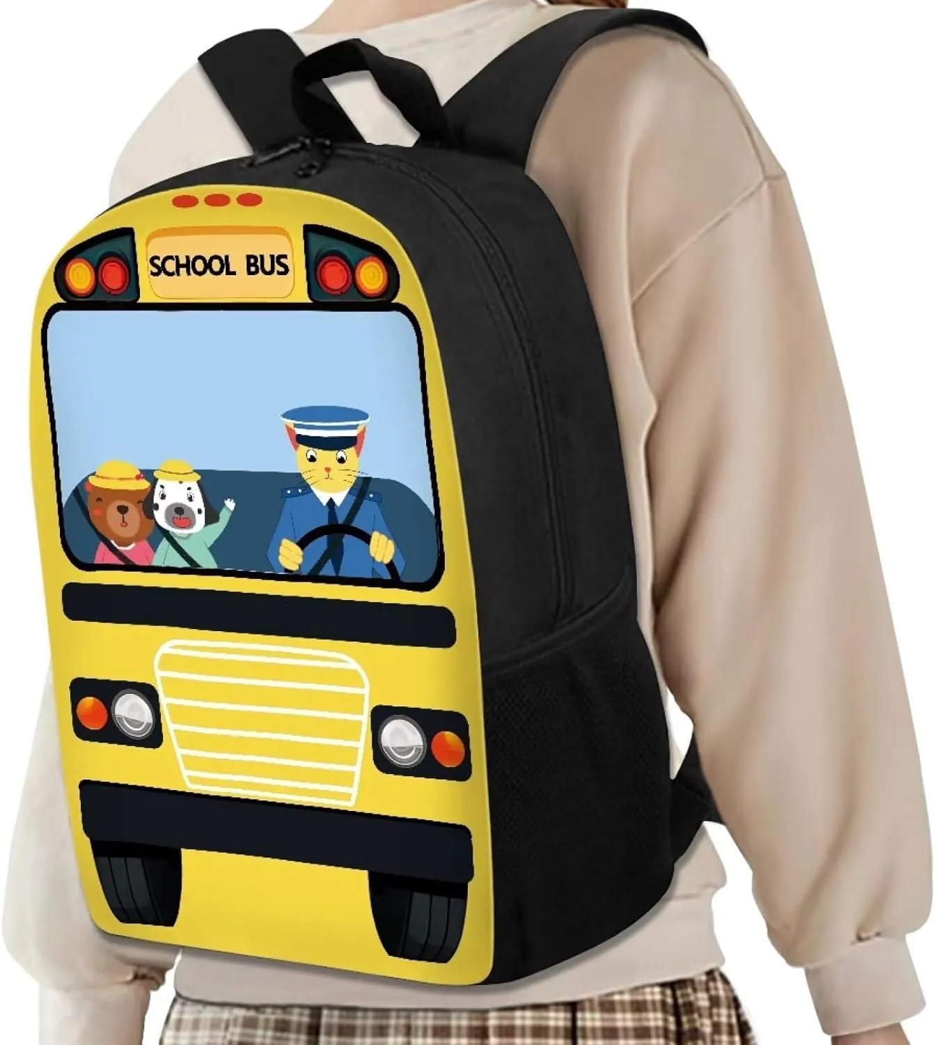 Buybai Kids Backpack Cartoon School Bus Print Children Bookbag Preschool Elementary Boys Girls School Bag with Adjustable Padded Shoulder Straps
