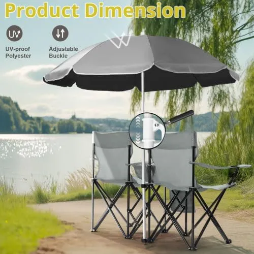 Camping Chairs, Folding Double Chair with Removable Umbrella, Cup Holders, Cooler Bag, Side Pocket & Carry Bag, for Beach, Outdoor, Sports, Concerts, Travel, Picnic