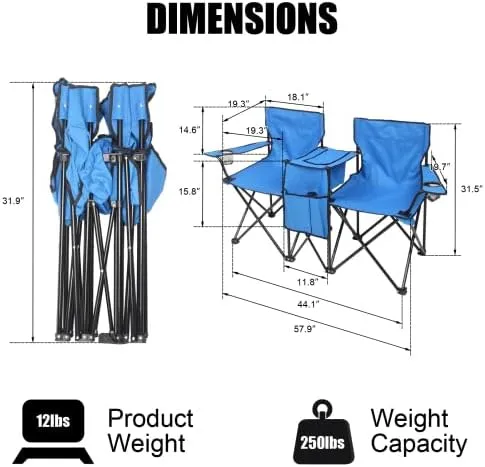 Camping Chairs, Folding Double Chair with Removable Umbrella, Cup Holders, Cooler Bag, Side Pocket & Carry Bag, for Beach, Outdoor, Sports, Concerts, Travel, Picnic