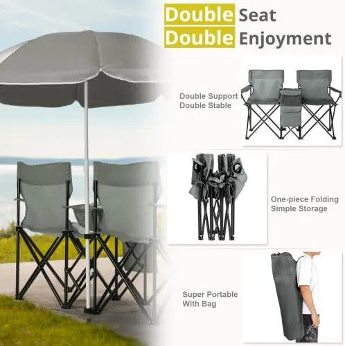 Camping Chairs, Folding Double Chair with Removable Umbrella, Cup Holders, Cooler Bag, Side Pocket & Carry Bag, for Beach, Outdoor, Sports, Concerts, Travel, Picnic