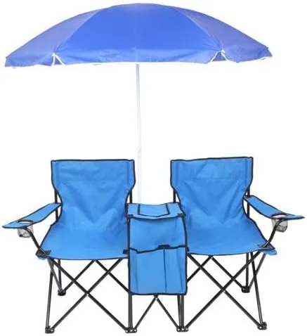 Camping Chairs, Folding Double Chair with Removable Umbrella, Cup Holders, Cooler Bag, Side Pocket & Carry Bag, for Beach, Outdoor, Sports, Concerts, Travel, Picnic