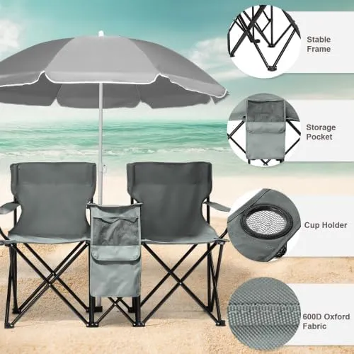Camping Chairs, Folding Double Chair with Removable Umbrella, Cup Holders, Cooler Bag, Side Pocket & Carry Bag, for Beach, Outdoor, Sports, Concerts, Travel, Picnic
