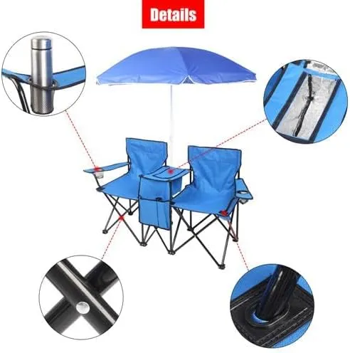 Camping Chairs, Folding Double Chair with Removable Umbrella, Cup Holders, Cooler Bag, Side Pocket & Carry Bag, for Beach, Outdoor, Sports, Concerts, Travel, Picnic