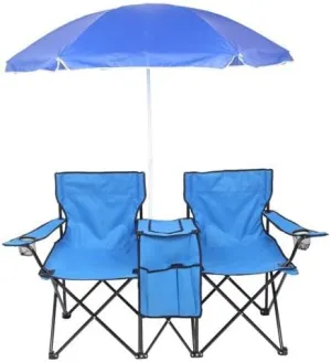 Camping Chairs, Folding Double Chair with Removable Umbrella, Cup Holders, Cooler Bag, Side Pocket & Carry Bag, for Beach, Outdoor, Sports, Concerts, Travel, Picnic